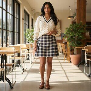 Becky Thatcher Sz L Tartan Plaid Blue White Pleated Schoolgirl Mini Wrap Skirt